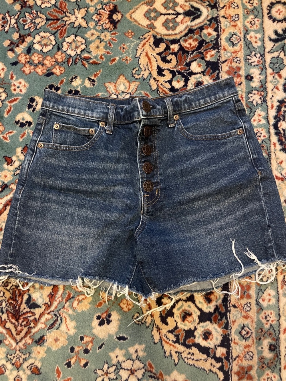 GAP Dark Blue High-Rise Button-Fly Frayed Denim Shorts